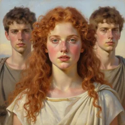 oil painting by ilya kuvshinov,, baugh casey, rhads, coby whitmore, of a young cassandra the trojan prophetess, long curly redgold hair, greek nose, meditteranean facial features, ancient greek peplos, outdoors, highly detailed, breathtaking face, studio photography, dawn, intense subsurface scattering, blush, supple look, innocence, intense sunlight