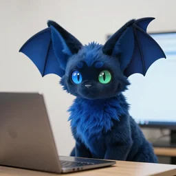 a blue - and - black male catbat fursona with blue / green heterochromatic eyes and huge bat ears, photo of the catbat on his computer