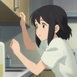 anime film visual portrait of a young woman looking in a kitchen cabinet from a distance, finely detailed facial features, cute face by ilya kuvshinov, makoto shinkai, katsura masakazu, kyoani, dynamic pose, crisp and sharp, yoshinari yoh, anime poster, ambient light, focused