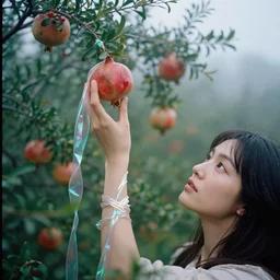 a closeup portrait of a woman wearing twisted knotted iridescent ribbon, picking pomegranates from a tree in an orchard, foggy, moody, photograph, by vincent desiderio, canon eos c 3 0 0, ƒ 1. 8, 3 5 mm, 8 k, medium - format print