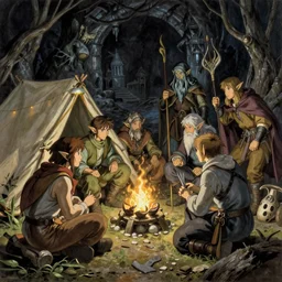 a party of adventurers camping in a dark dungeon, fantasy, elf, dwarf, finely illustrated face, highly detailed, digital painting, studio ghibli, tankobon, in the style of ilya kuvshinov and krenz cushart and william - adolphe bouguereau and alphonse mucha