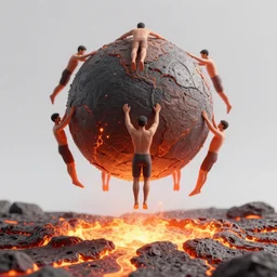 a ball made of humans floating above lava, 3D render