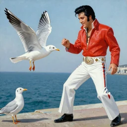 a detailed painting of Elvis Presley battling a seagull