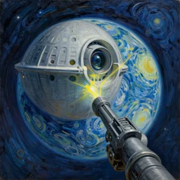 bright beautiful oil painting of the death star aims its weapon at planet earth, light scatter, van gogh