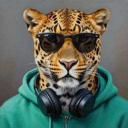 a photorealistic painting of a leopard wearing black sunglasses, a teal green hoodie with headphones wrapping around his neck. hyper detailed, oil on canvas. this 4 k hd image is trending on artstation, featured on behance, well - rendered, extra crisp, features intricate detail, epic composition and the style of unreal engine.