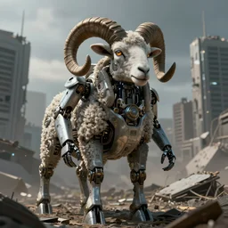 ram sheep robot, intricate, sinister, futuristic, ultra realistic, hyper detailed, cinematic, digital art, artstation, trending, destroyed city in the background, depth of field