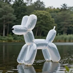 an inflatable balloon dog made of clear plastic sheeting. the dog is made by jeff koons. the inflated balloon dog sits in a lake on the edge of a forest. ultra wide shot, octane render, 8 k, photorealistic