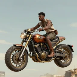 an concept art illustration, african man riding on a large floating steampunk motorcycle, fantasy, style by ivan talavera and wlop, trending in artstation, cgsociety, octane render, ultra sharp, 8 k