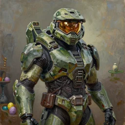 master chief from halo 3 hunting easter eggs, easter, oil on canvas, intricate, portrait, 8 k highly professionally detailed, hdr, cgsociety