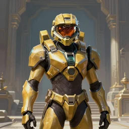 character portrait of samus aran from metroid wearing combination halo armor and varia suit standing in an ancient temple, 8 k, realistic shading, symmetrical face details, digital painting, matte painting, concept art, illustration, halo infinite, good value control, vibrant colors, john singer sargent