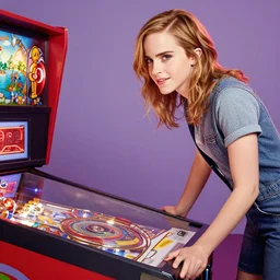 color studio photo of emma watson playing a pinball machine, detailed