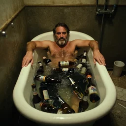 the upper wide shot of the old dirty bathroom, drunk bearded joaquin phoenix lying in cast iron bath, bath filled with empty beer bottles, still shot from the movie of stanley kubrick with cinematography of christopher doyle, dark old room, anamorphic, kodak film, sharp focus, realistic, ultra wide 1 2 mm lens, 8 k