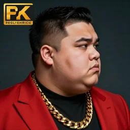 a profile picture of a chubby gangster boy in a red suit and a big gold chain, detailed face, face symmetry, character concept portrait by moebius and laurie greasley, profile picture, 8 k, cinematic color grading