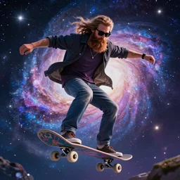 dreamy,a man having long beard and wearing sunglasses traveling in magical world through skateboard, full body , galaxy, clean and clear face , sharp image, illustration, glowing effect, 8k , hyperdetailed, hyperreal , ultra reasltic