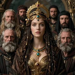hyper realistic photography portrait of postapocalyptic medieval religious occult amazon cinematic, brom, moebius, juan gimenez, peter mohrbacher, mucha, leonardo da vinci
