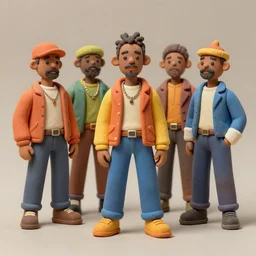 5 member funk band, thermoplastic - elastomer figurines, retro - vintage, neo soul, mixed media with claymorphism, matte color palette, designed by artstationhq, retro, 3 - dimensional, gouache 3 d shading, tilt shift, low fi,