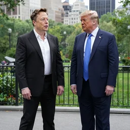 a photo of Elon Musk making a secret deal with Donald Trump in Central Park, New York City