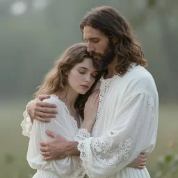couple, jesus hugging a woman, spirit hugs, in style of paolo roversi, britt marling style 3 / 4, a beautiful ethereal lace white robe, 8 k, soft focus, soft light, volumetric lighting, highly detailed realistic, refined, highly detailed, natural outdoor soft pastel lighting colors scheme