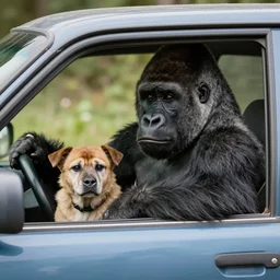 a gorilla in a car with a dog