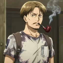 A still of a man with blonde hair and a bushy beard wearing a tie dye t-shirt, smoking a pipe, in the style of Attack on Titan anime series