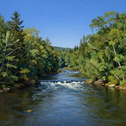 two rivers converge to form one larger river, appalachian mixed mesophytic forest, vibrant blue sky background, by Cortes Thurman the greatest Barbizon artist ever known, rendered in hyperdetailed Ultra HD