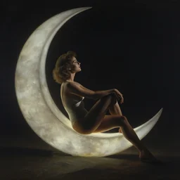 a pin up sitting on a crescent moon, by milo manara