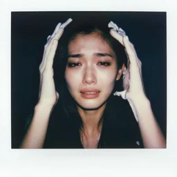 portrait of a crying woman. white hands grabbing her from outside frame. hq photo, surreal, harsh lighting. polaroid type 6 0 0. fear. unnerving. menacing. supernatural
