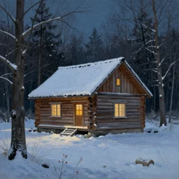 realism painting of a log cabin in the woods, night, winter, soft lighting, highly detailed
