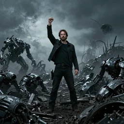 keanu reeves stands victorious and alone on a battlefield of dead machines, dark, brooding, apocalyptic