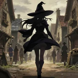 ( ( majo no tabitabi ) ), key anime visual portrait of a young female witch walking through a busy medieval village, dynamic pose, dynamic perspective, cinematic, dramatic lighting, detailed silhouette, anime proportions, perfect anime, yoh yoshinari, ( murata range )