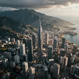 futuristic city, aerial view, drone photography, cinematic, mountains and ocean