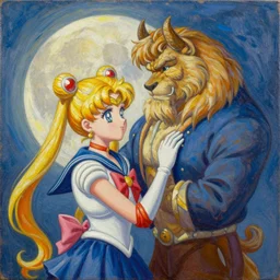 The beauty and the beast live in a world of sunlight and moonlight, where the colors are always changing and the light is always shining, by Sailor Moon and Albert Bierstadt, style of barr relief, Eraserhead, oil and canvas, featured on ArtStation, trending on ArtStation, cgsociety, trending on 500px, deviantart