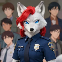 beautiful portrait of a female anthropomorphic albino wolf fursona wearing a state trooper uniform. wearing blue eyes. wearing a red wig. character design by disney, charlie bowater, ross tran, artgerm, and makoto shinkai, detailed, soft lighting, rendered in octane