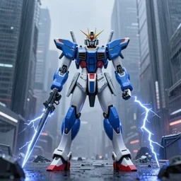 Azure Wolf 🐺 GUNDAM on a futuristic cyberpunk city under heavy rain, cinematic lighting, Lightning arc plasma, symmetric full body azure GUNDAM mecha, GUNDAM wing style armor, GUNDAM armor, samurai armor, mortar heads, mech suit, full body armor, lamellar armor, exoskeleton, post processing, ultra detailed, trending on artstation