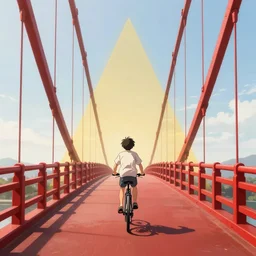 a boy riding his bike alone through a red bridge, high intricate details, rule of thirds, golden ratio, cinematic light, anime style, graphic novel by fiona staples and dustin nguyen, by beaststars and orange, peter elson, alan bean, studio ghibli, makoto shinkai