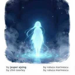 fantasy character illustration of a wistful glowing spirit rising from glowing mists on a dark blue night, trending on artstation, digital art ( by jesper ejsing ) ( by clint cearley ) ( by raluca marinescu )