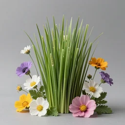 hyperrealistic photo of various grass straws and assorted flowers on grey backdrop, photorealism, portrait photography, volumetric lighting, insanely detailed, artstation, 4 k, 8 k