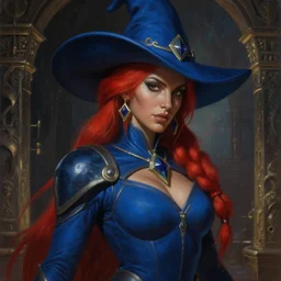 painting of alluring thaumaturge brown woman in the secret temple, detailed face, tied red hair, skintight blue tunic, pointy hat, obsidian accessories, high fantasy, dnd, smooth, sharp focus, award - winning, masterpiece, extremely detailed, intricate, art by rebecca guay, rossdraws