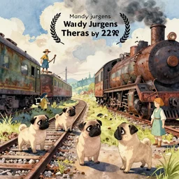 wholesome animation key shot, pugs explore an abandoned train yard, rust, steam trains, studio ghibli, pixar and disney animation, sharp, disney concept art watercolor illustration by mandy jurgens and alphonse mucha and alena aenami, pastel color palette, dramatic lighting