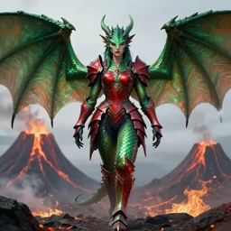 full body portrait of a dragonkin woman, in a volcano, symmetric wings, shiny green scales, plate red armor, red reptilian eyes, high fantasy, dnd, face details, extremely detailed, smooth, sharp focus, digital illustration, by artgem, rossdraws, sakimichan