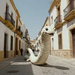 A giant white worm from the movie Dune (1984) rampaging the streets of Almeria, movie still, long shot