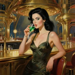 beautiful woman with black hair and green eyes. she is wearing a cocktail dress and drinking absinthe. she is in the bar of the atlantis paradise, a retro futuristic spaceship made of brass, art deco influence, hotel style design. painting by artgerm and greg rutkowski.