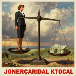 a weight with a businesswoman on the left plate and cash on the right plate. poster illustration, soviet realist poster art