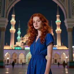redhead girl, blue dress, detailed, nasirolmolk mosque, colorful lights, by john howe _ h 7 0 4