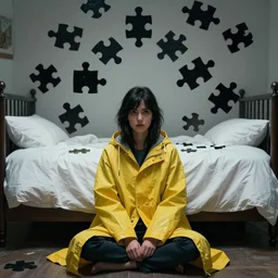 comic art, a dark-haired woman wearing a yellow raincoat, sitting on the floor in front of a bed covered with white linen, black puzzle pieces hovering in the air, atmospheric, cinematic, ultra detailed, by Weta Digital
