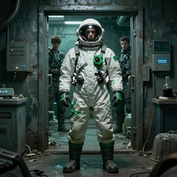 UHD hyperrealistic photorealistic detailed image of a man in a  green/white hazmat suit with an astronaut helmet, inspired by the Stalker video game series standing in front of an laboratory door, in a ruined and dark underground lab, readying himself for combat with a green undertone by Ayami Kojima Amano Karol Bak, Greg Hildebrandt and Mark Brooks