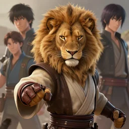 beautiful portrait of a female anthropomorphic lion fursona wearing jedi robes looking like she wants to fight. leather gloves. character design by charlie bowater, ross tran, artgerm, and makoto shinkai, detailed, soft lighting, rendered in octane