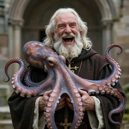 a widescreen colorchrome closeup detailed portrait photo of a medieval old happy screaming priest, holding a detailed detailed detailed giant giant octopus, style steve mccurry octane render 8 k