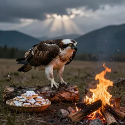 an osprey by a campfire cooking smores, trending on pixiv