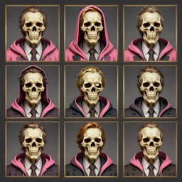 hearts of iron 4 colored leader portrait of a skeleton wearing a pink hoodie, democratic, trending on artstation, wearing a suit and tie, no hat, highly detailed, muted colors character portrait, ylva ljungqvist, custom portraits, paradox interactive